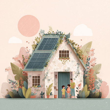 House with solar panels and family. Ecology concept. Vector illustration.の素材