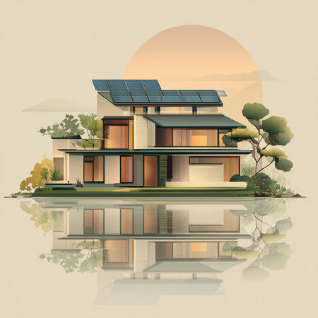 Modern house with solar panels and reflection in water. Vector illustration.の素材