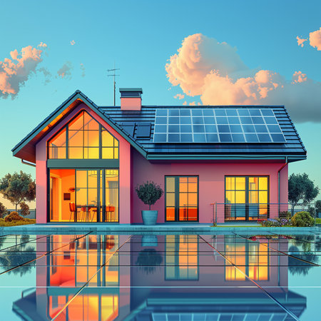 House with solar panels on roof and reflection in water. 3d renderの素材