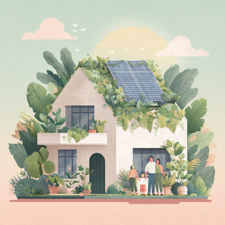 House with solar panel and couple. Eco house concept. Vector illustration.の素材