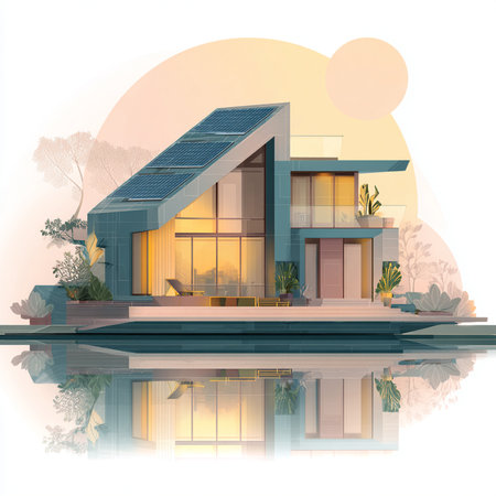 Illustration of a modern house with solar panels on the roof.の素材