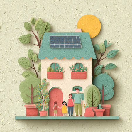 Happy family with house and solar panel. Paper art style. Vector illustration.の素材