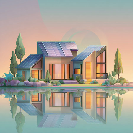 Modern house with solar panels on the roof and reflection in the waterの素材
