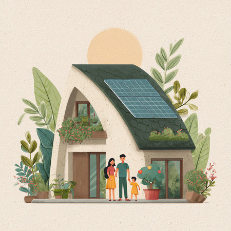 Family in front of a house with solar panel. Vector illustration.の素材