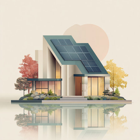 Modern house with solar panels on the roof and reflection in the waterの素材