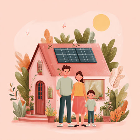 Vector illustration of a family standing in front of a house with solar panels.の素材