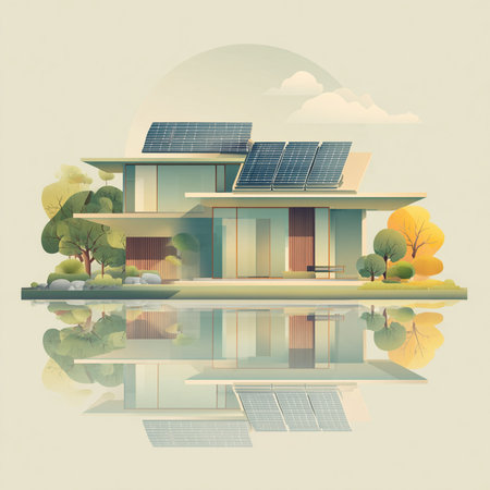 Modern house with solar panels and reflection in water. Vector illustration.の素材