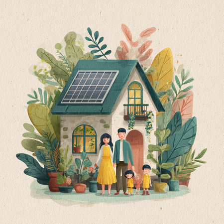 Illustration of a family in front of a house with solar panelsの素材