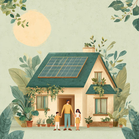 Vector illustration of a family in front of the house with solar panels.の素材