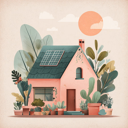 House with solar panels and plants. Vector illustration in retro style.の素材