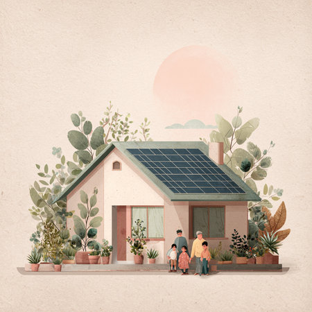 Eco friendly house with solar panels and family of three. Watercolor illustration.の素材