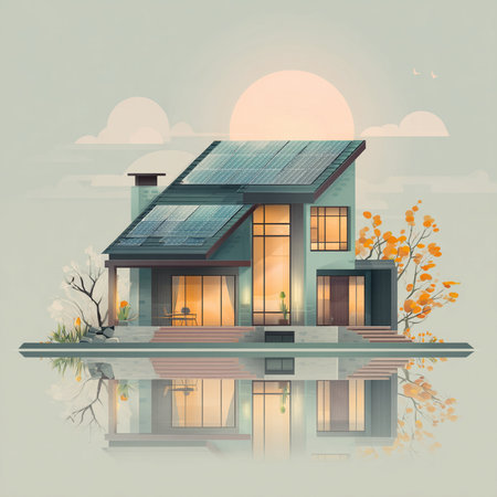 Illustration of modern cozy house with solar panels on the roof.の素材