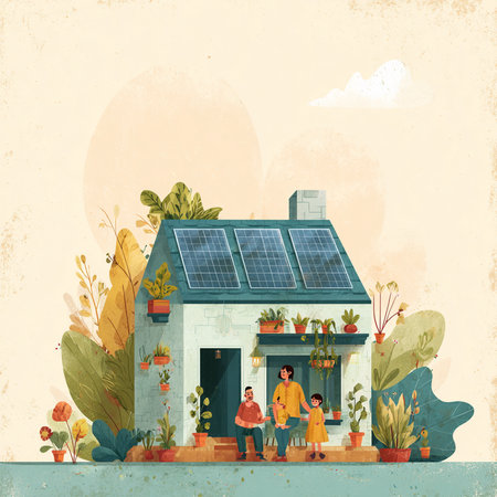 Vector illustration of a family in front of a house with solar panelsの素材