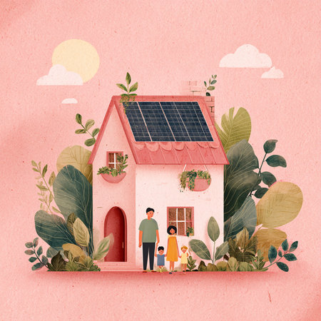 House with solar panel and family. Eco-friendly concept. Vector illustration.の素材