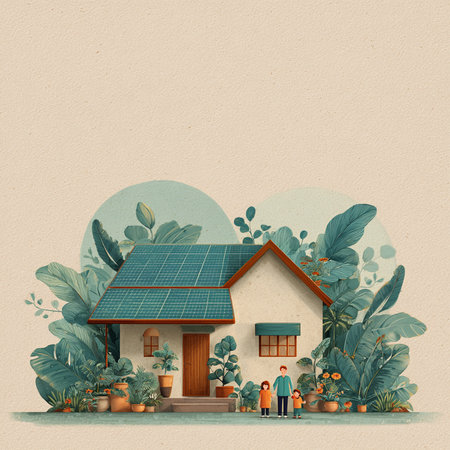 House with solar panels. Ecological concept. Watercolor painting.の素材