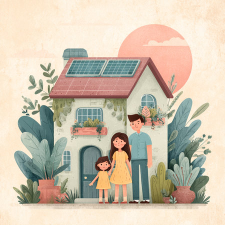 Family in front of a house with solar panels. Vector illustration.の素材
