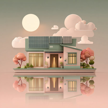 House with solar panels on the roof. Alternative energy source. Vector illustration.の素材