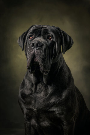 Cane Corso dog portrait on dark background. Studio shot.の素材