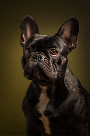 Portrait of a french bulldog on a dark green background.の素材