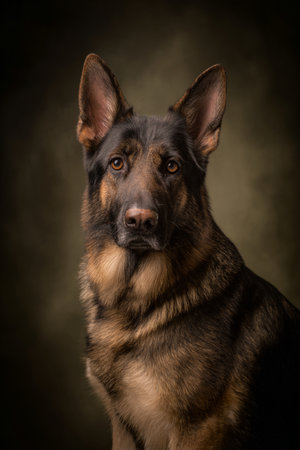 Studio portrait of a german shepherd dog sitting on a dark backgroundの素材