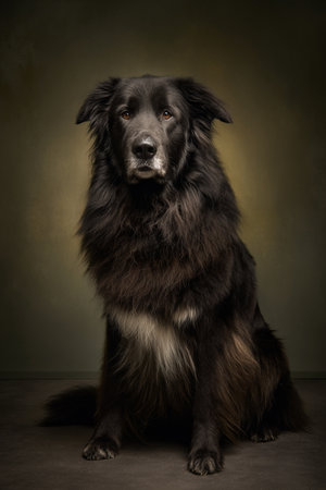 Studio portrait of a border collie dog sitting on dark background.の素材