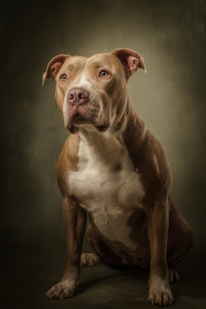 American pit bull terrier sitting on dark background. Studio shot.の素材