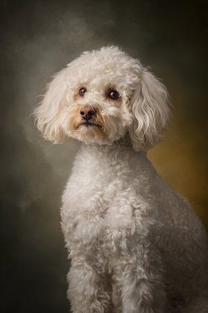 Studio shot of a Bichon Frize dog on dark background.の素材