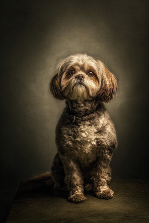 Studio portrait of a shih tzu sitting on a dark backgroundの素材