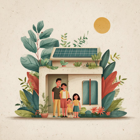Vector illustration of family in front of a house with solar panel.の素材