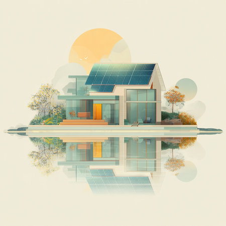 Modern house with solar panels on the roof and reflection in the waterの素材