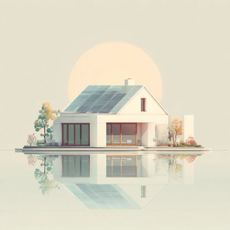 House with solar panels on roof and reflection in water. 3D renderingの素材