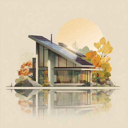 Illustration of modern house with solar panels on the roof. Digital painting.の素材
