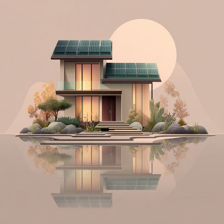 Illustration of house with solar panels on the roof and reflection in waterの素材
