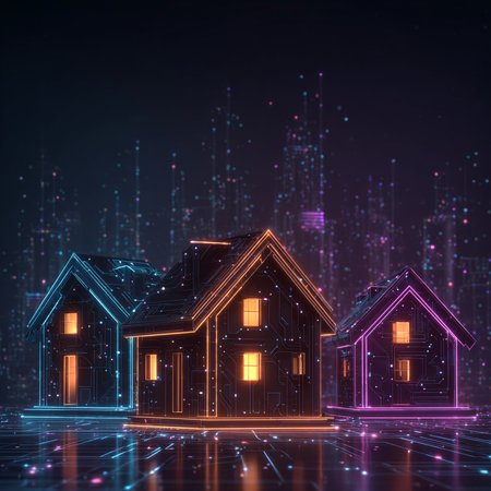 Glowing houses on dark background. Technology concept. 3D Renderingの素材