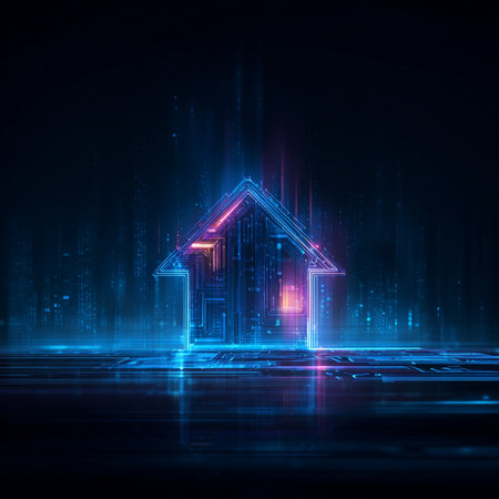 Abstract glowing house on a dark background. Technology concept. Vector illustrationの素材