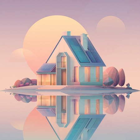 House with solar panels on the roof and reflection in the water.の素材