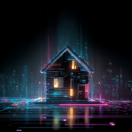 abstract future technology concept: 3d rendering of a house with neon lightsの素材