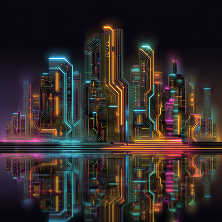 abstract night city with neon lights and reflection on water, vector illustrationの素材