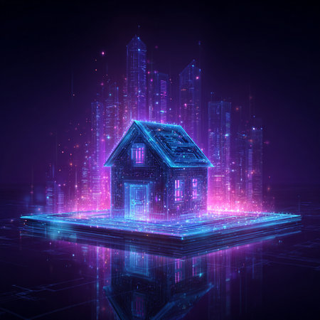 Abstract glowing wireframe house on digital background. 3D Renderingの素材