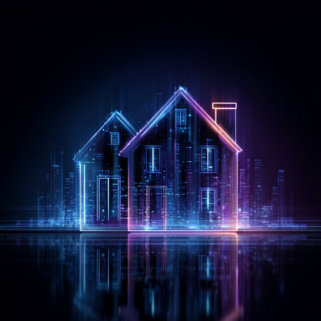 abstract glowing house on dark background, real estate concept, 3d renderの素材