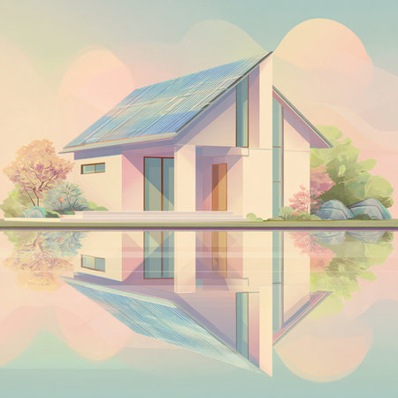 House with solar panels and reflection in the lake. Vector illustration.の素材
