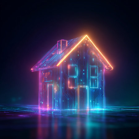 3d rendering of a house with neon lights on a dark backgroundの素材