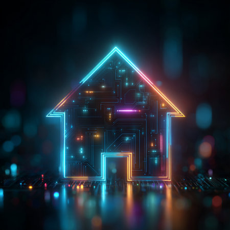 Abstract glowing house icon on dark background. Technology and innovation concept. 3D Renderingの素材