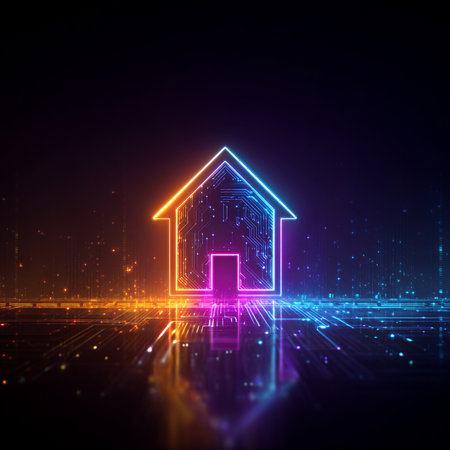 Abstract glowing glowing house icon on dark background. Technology concept. 3D Renderingの素材