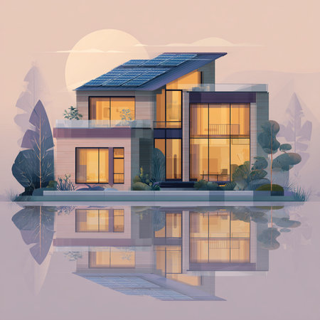Modern house with solar panels on the roof and reflection in the water.の素材