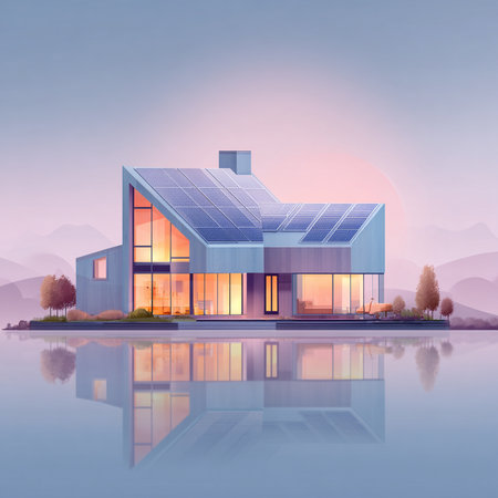 Illustration of a modern house with solar panels on the roof.の素材