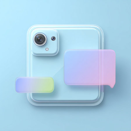 Social Media Concept. Photo Camera with Speech Bubbles on Blue Backgroundの素材
