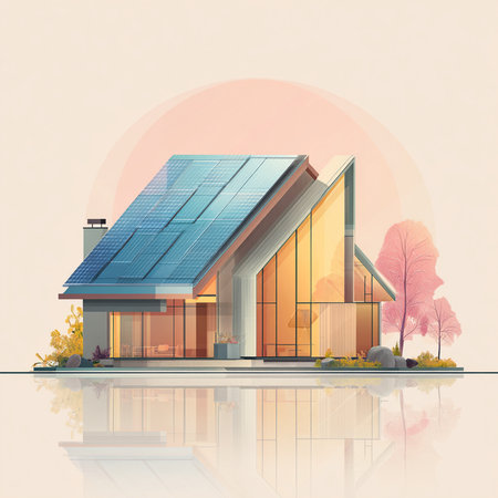 House with solar panels on roof and reflection in water, vector illustrationの素材