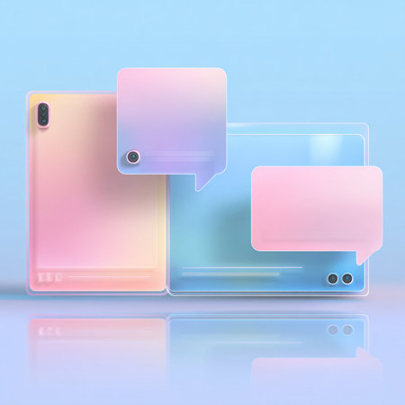 Mobile phone with speech bubbles on blue background. 3D illustrations.の素材