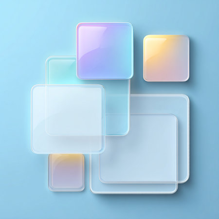Colorful glossy square buttons on blue background. Eps 10 vector file.の素材